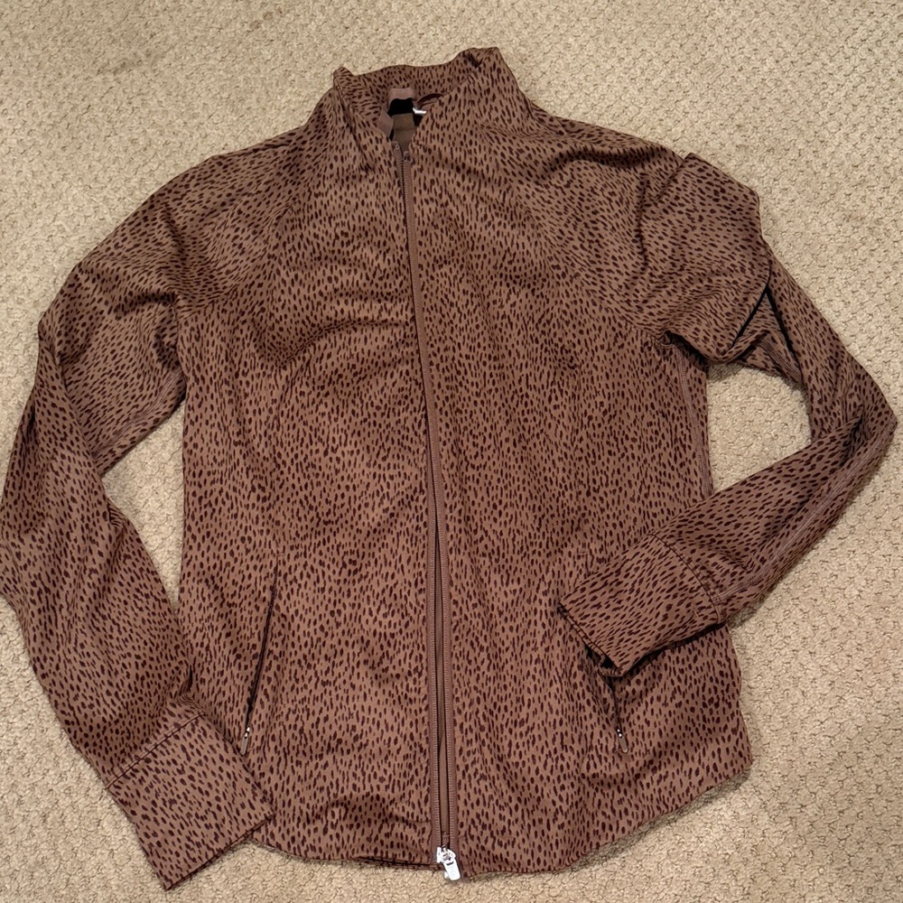 Athleta Brown Zip-Up Jacket with Subtle Black Speckle Pattern